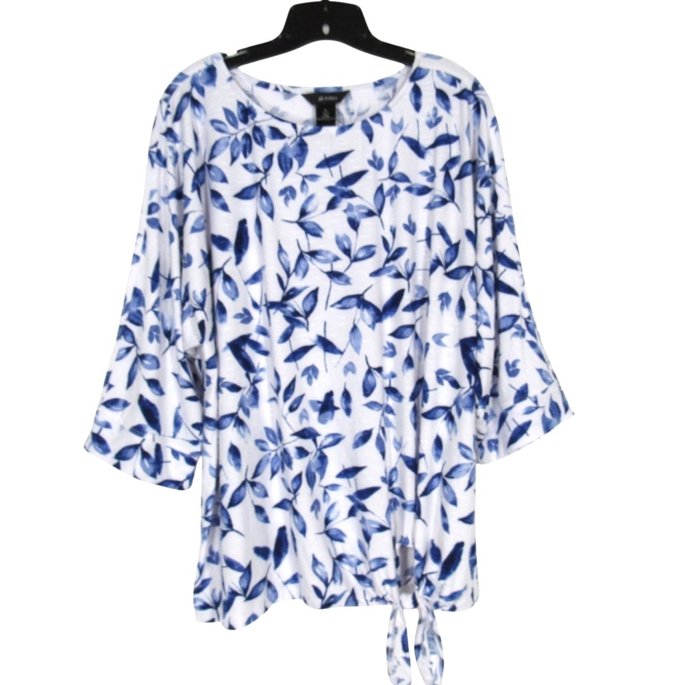 ALI MILES Blue FLORAL PRINT Textured Knit TIE HEM 3/4 Sleeve BLOUSE/TUNIC TOP XL